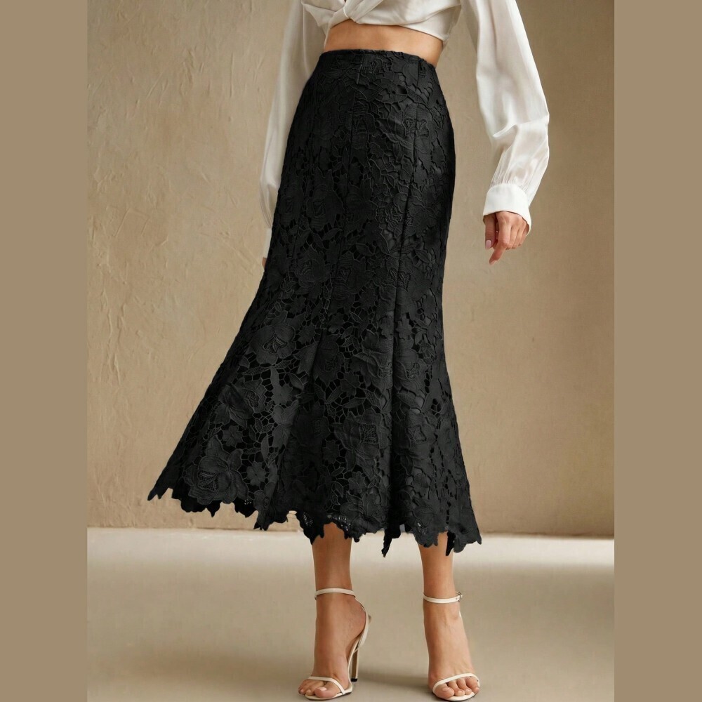 Black Floral Lace Scalloped Hem Mermaid Flounce Midi Skirt